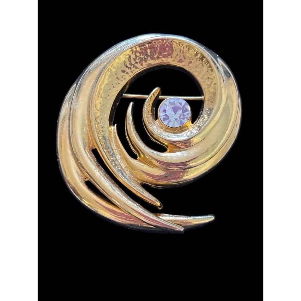 Gold Tone Rhinestone Swirl Brooch Pin Vintage Fashion 1980s Glamorous Statement